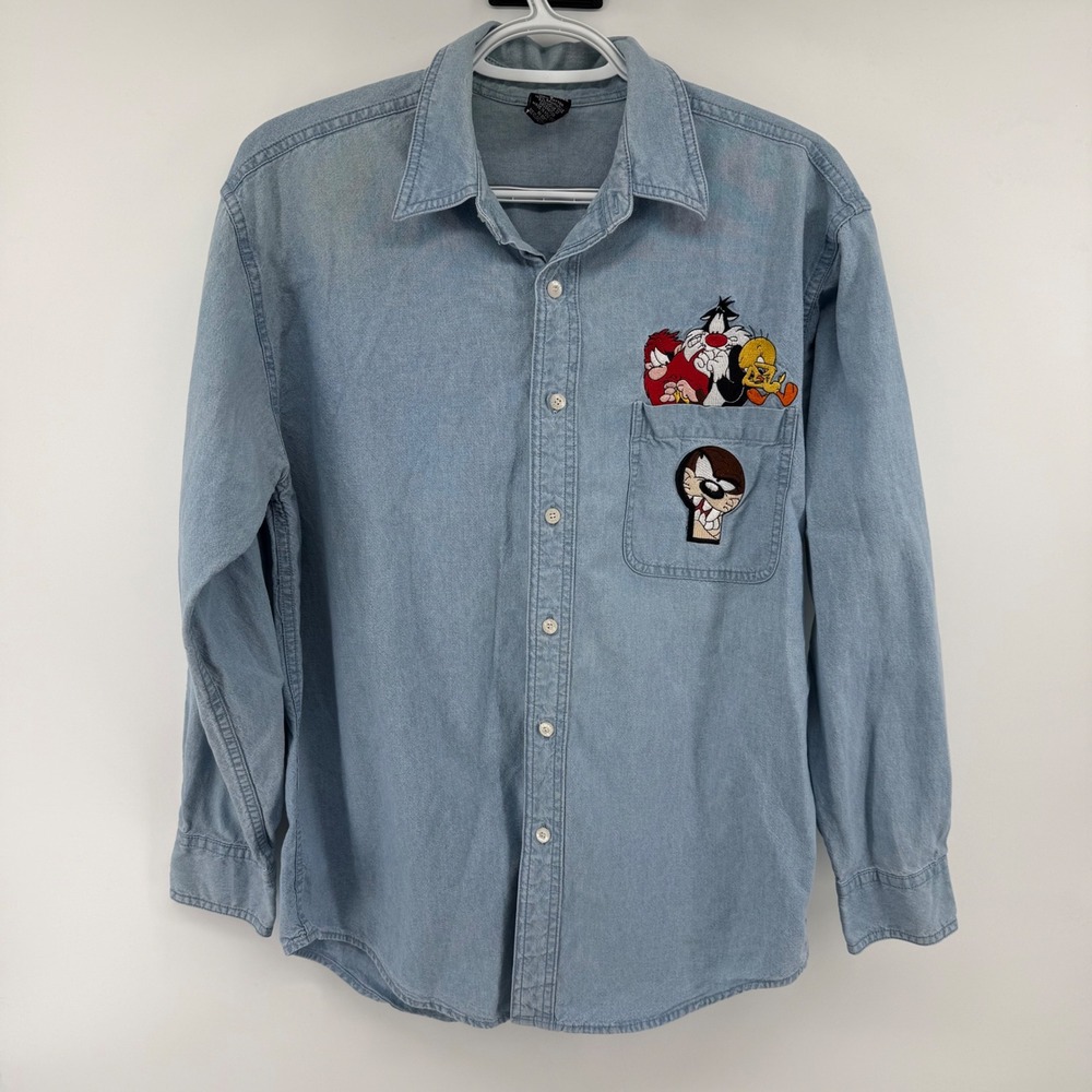 Vintage‎ 1997 Warner Bros Studio Store Looney Tunes Denim Shirt Mens Small Taz